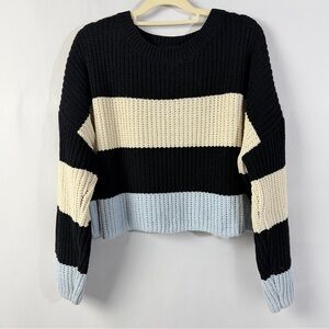 Cupcake Oversized Cropped Striped Chunky Knit Sweater Black Cream
